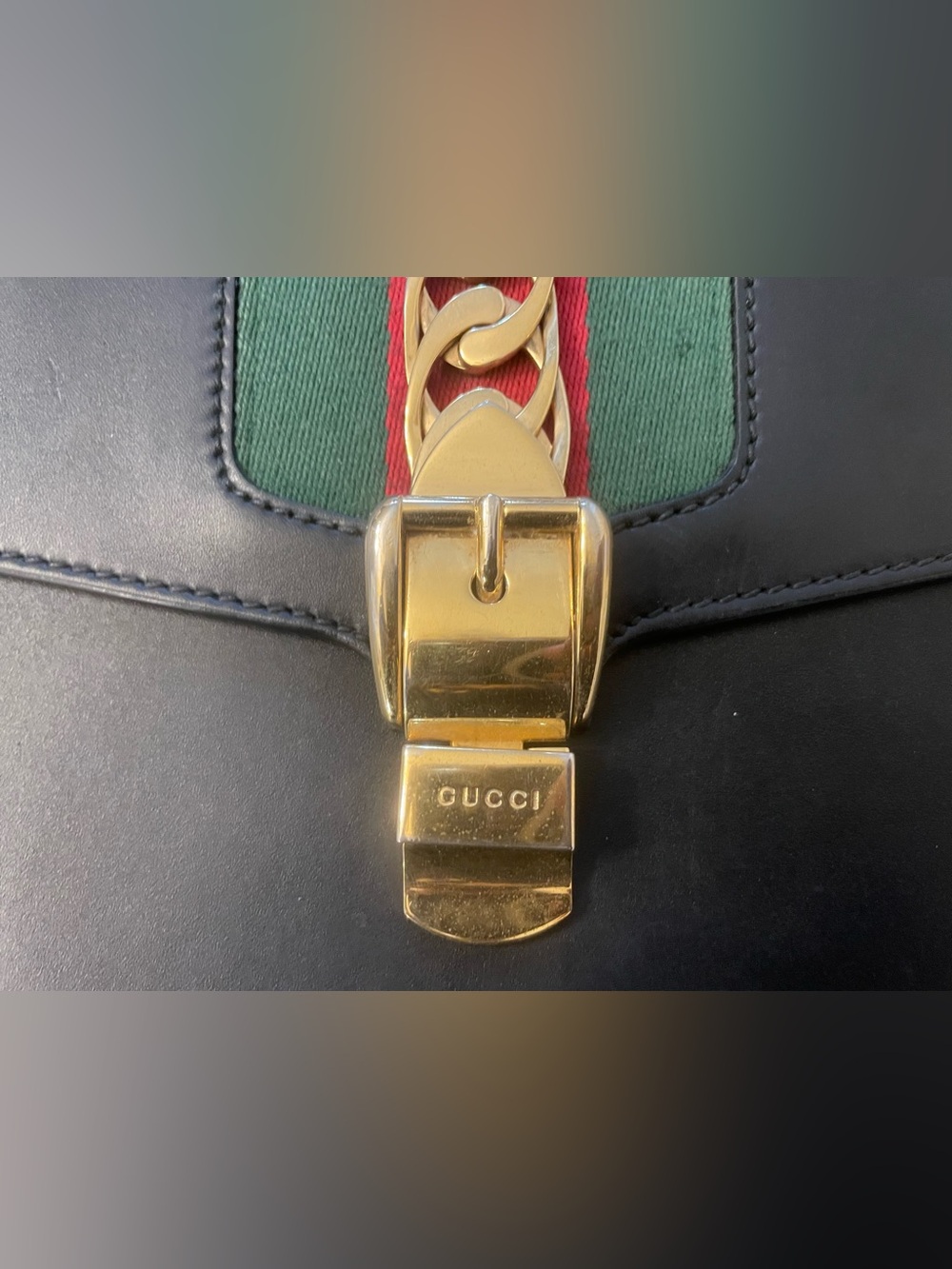 Gucci Sylvia Purse Black Leather Top Handle with Green-Red Web and Gold Hardware - Picture 6 of 9